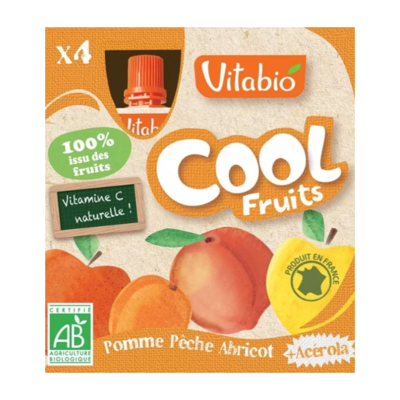 PURÉ FRUTAS COOL FRUITS MANZANA, MELOCOTÓN Y ALBARICOQUE VITABIO 4 x 90gr