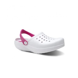 ZUECO LABORAL KINETIC BLANCO CON TIRA FUCSIA FELIZ CAMINAR